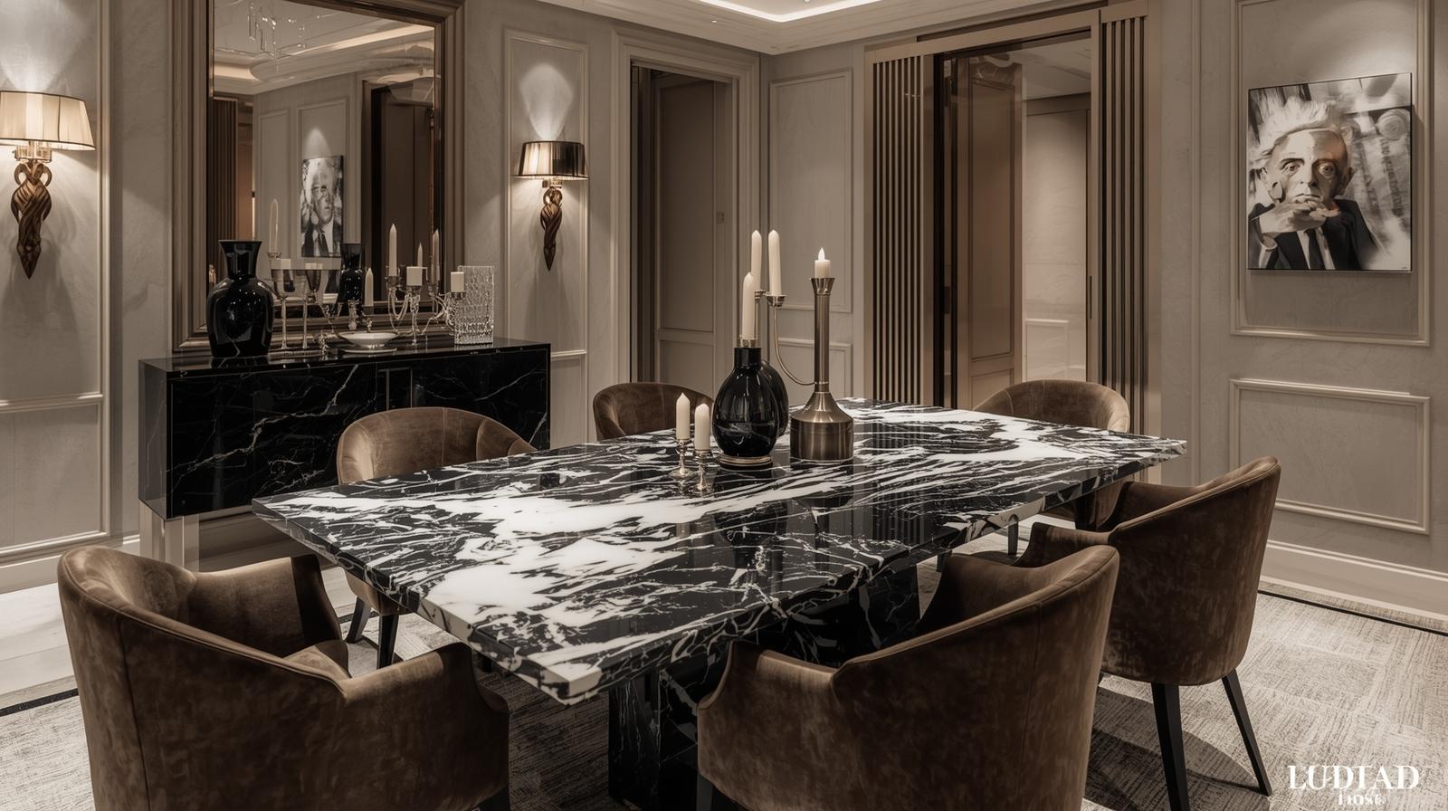 elegant dining room with black and white marble dining table, velvet chairs, soft lighting, neutral decor, luxury interior style, high quality photography.