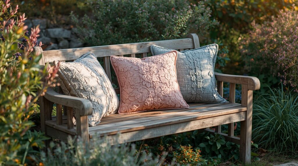 outdoor wooden bench with pastel cushions, natural sunlight, cozy spring garden setting, realistic fabric detail, high resolution outdoor photography, pinterest aesthetic