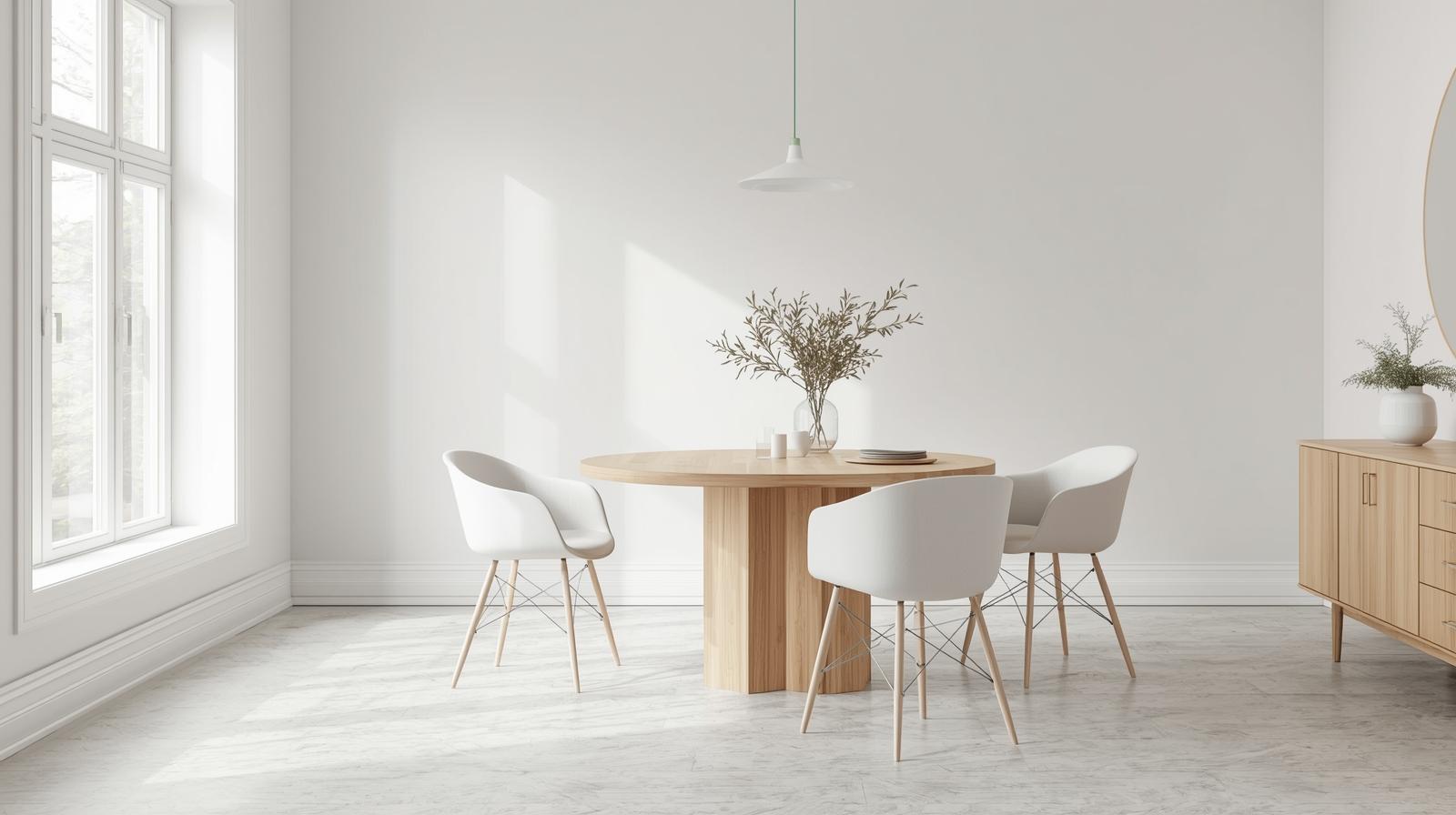 scandinavian dining room, light wood round table, minimalist chairs, bright natural light, neutral palette, clean modern interior, realistic photo