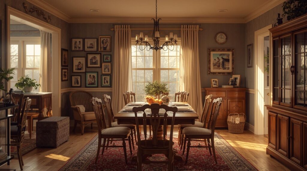 casual family dining room with personal decor, photo frames, warm neutral palette, cozy atmosphere, natural light, realistic interior photo