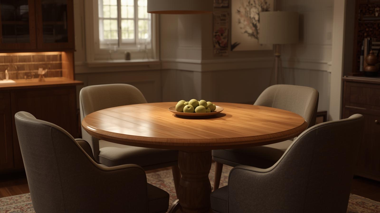 cozy dining room with round wooden table, warm wood tones, upholstered chairs, soft ambient lighting, neutral walls, inviting atmosphere, realistic high end interior photo (1)