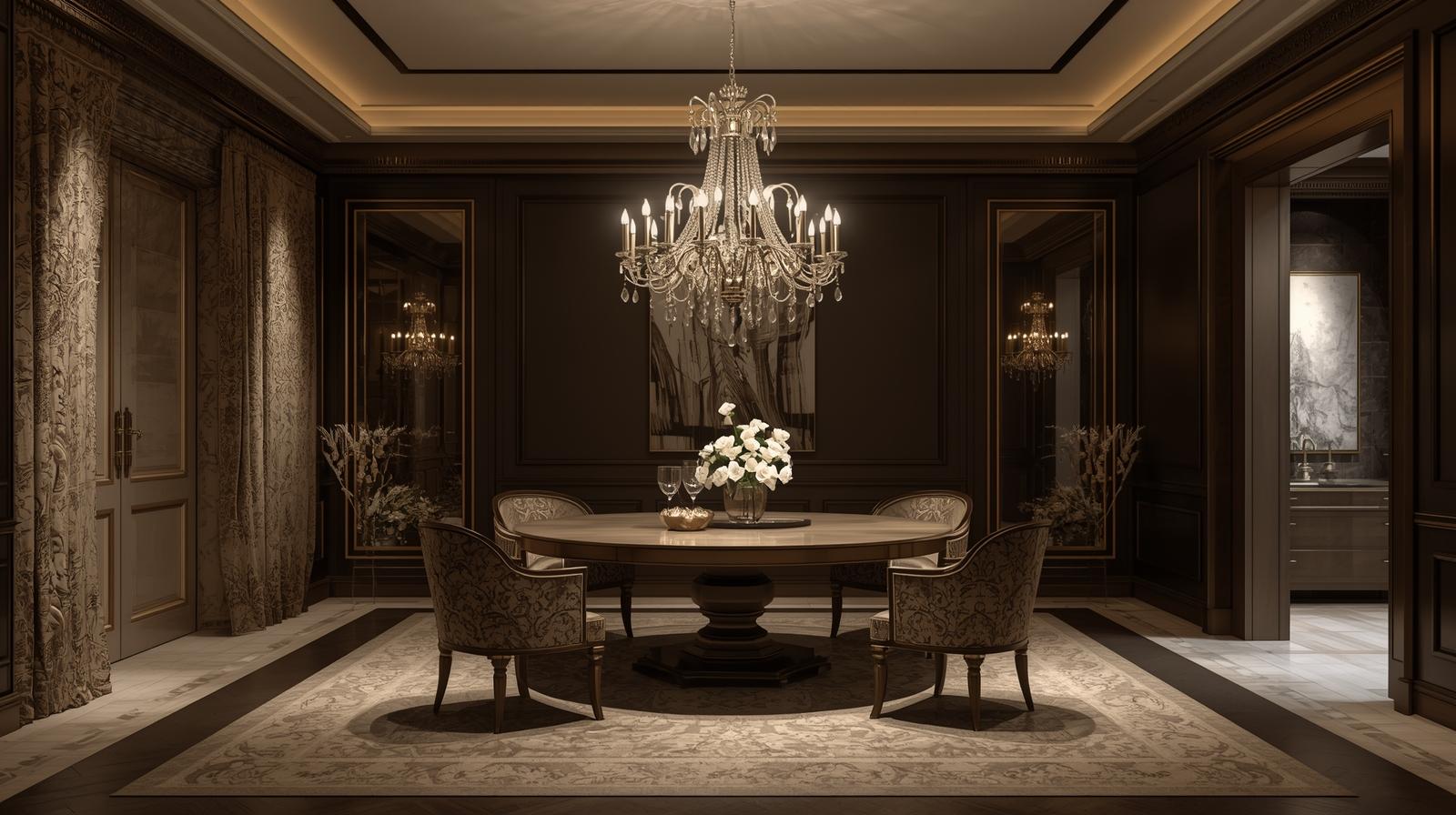 elegant dining room with round table and statement chandelier, symmetrical layout, luxury interior, dark background, warm lighting, modern classic style, high detail