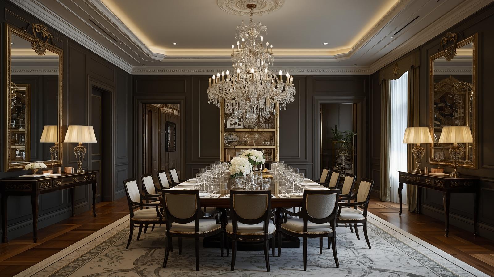 elegant formal dining room, large chandelier, dark background, white and green accents, luxury interior, symmetrical layout, high end photography