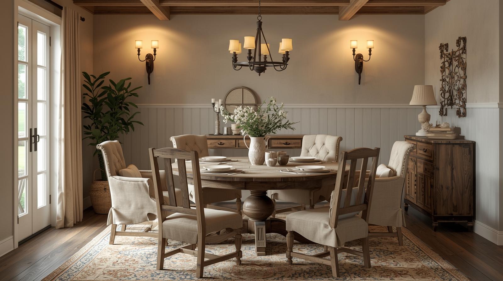 farmhouse dining room, round wooden table, rustic chairs, warm lighting, neutral farmhouse decor, cozy interior, realistic photo