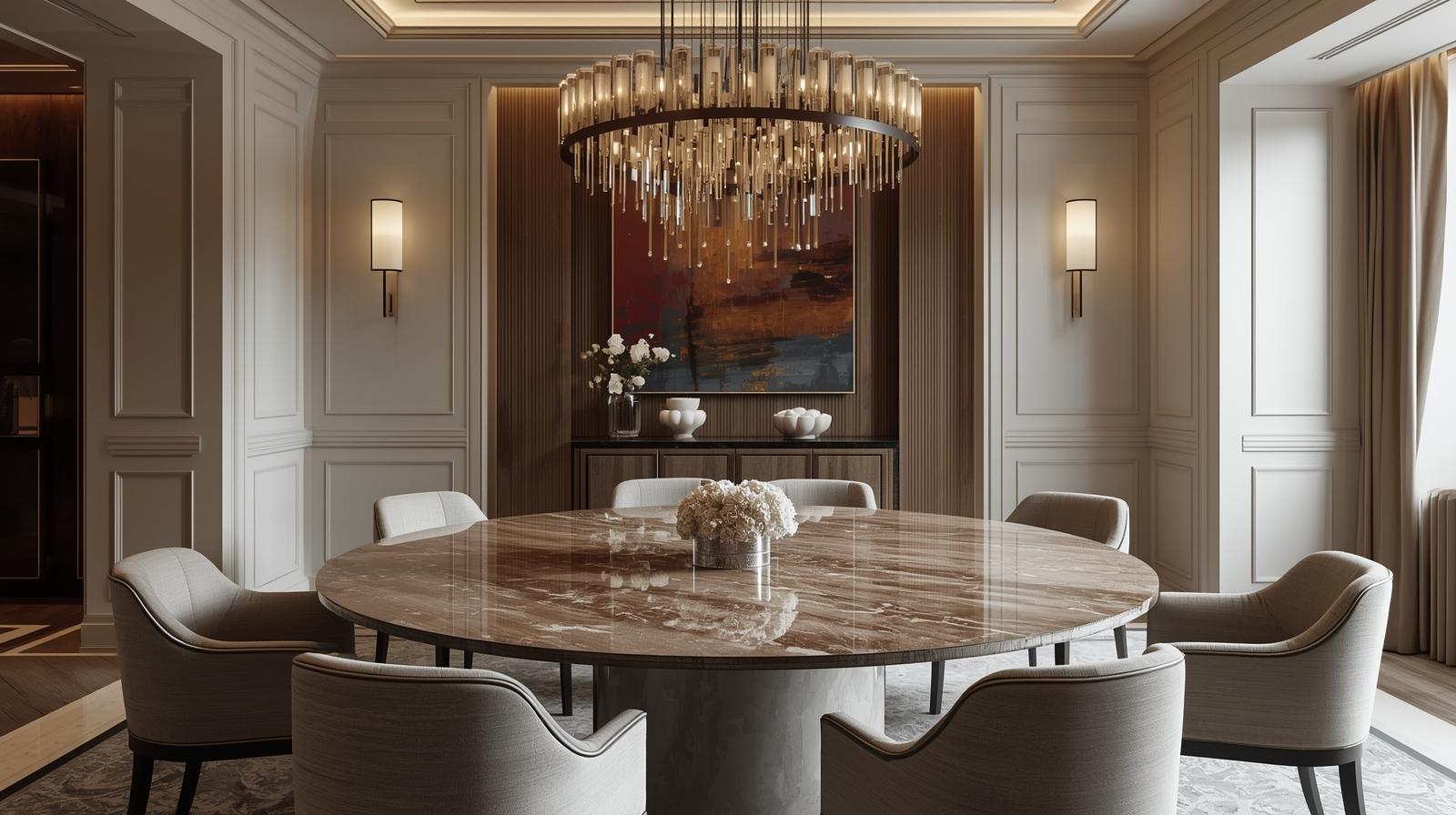 luxury dining room with marble round table, elegant chairs, neutral tones, soft chandelier lighting, modern classic interior, high realism