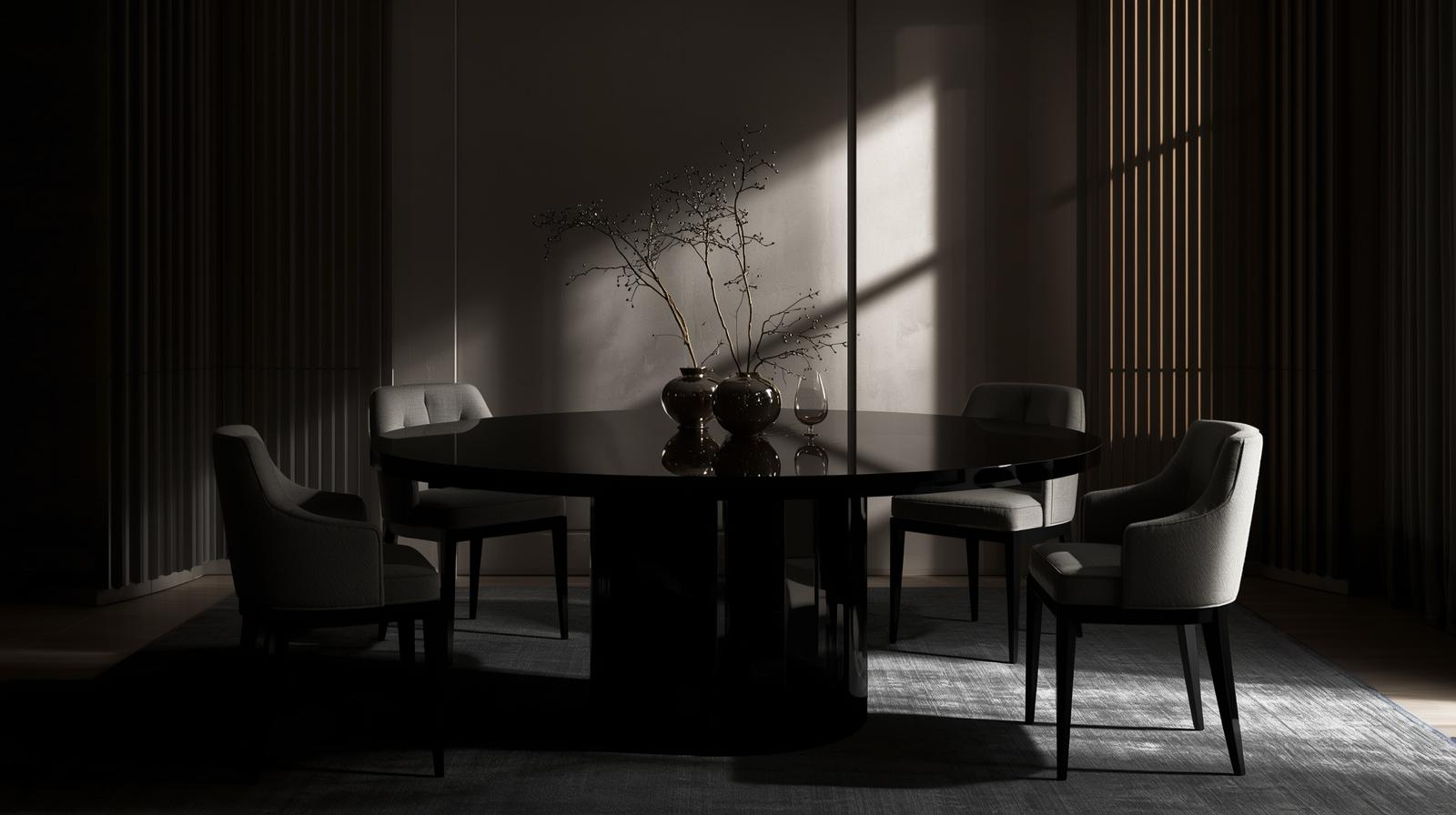 modern dining room with black round table, contrast lighting, neutral background, elegant chairs, luxury interior style, dramatic mood