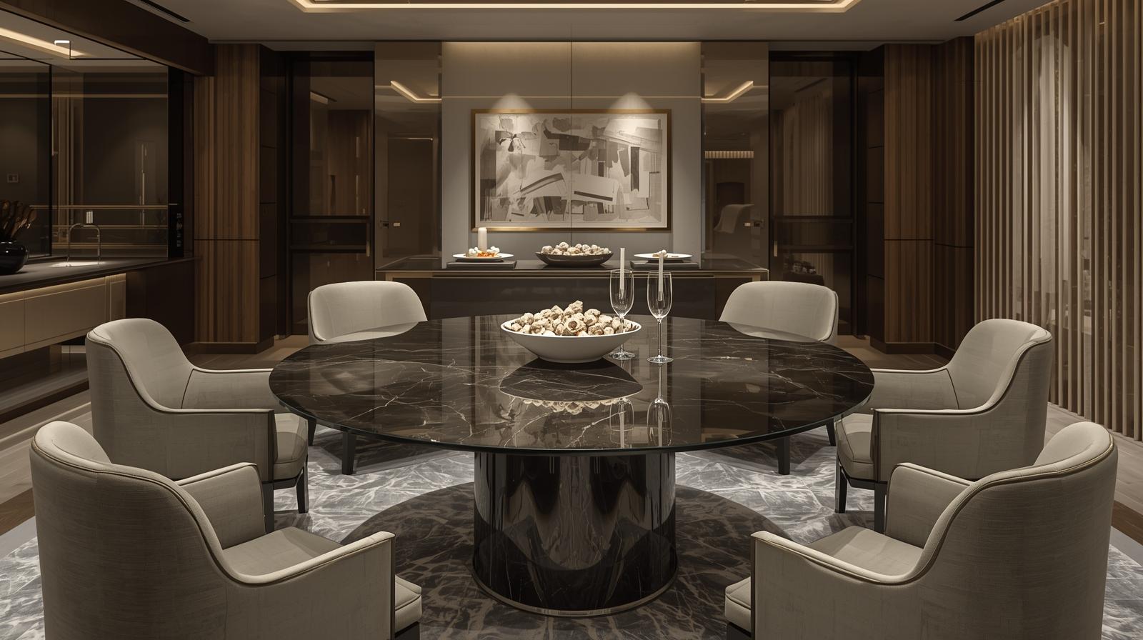 modern dining room with glass round table, elegant chairs, reflective surface, soft lighting, neutral palette, luxury contemporary interior, realistic image