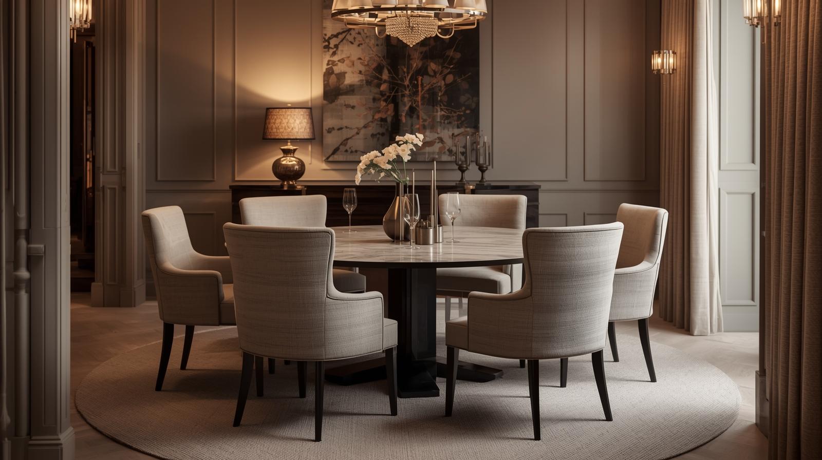 round dining table with upholstered chairs, soft fabric textures, neutral colors, warm ambient lighting, elegant dining room interior, high end photography