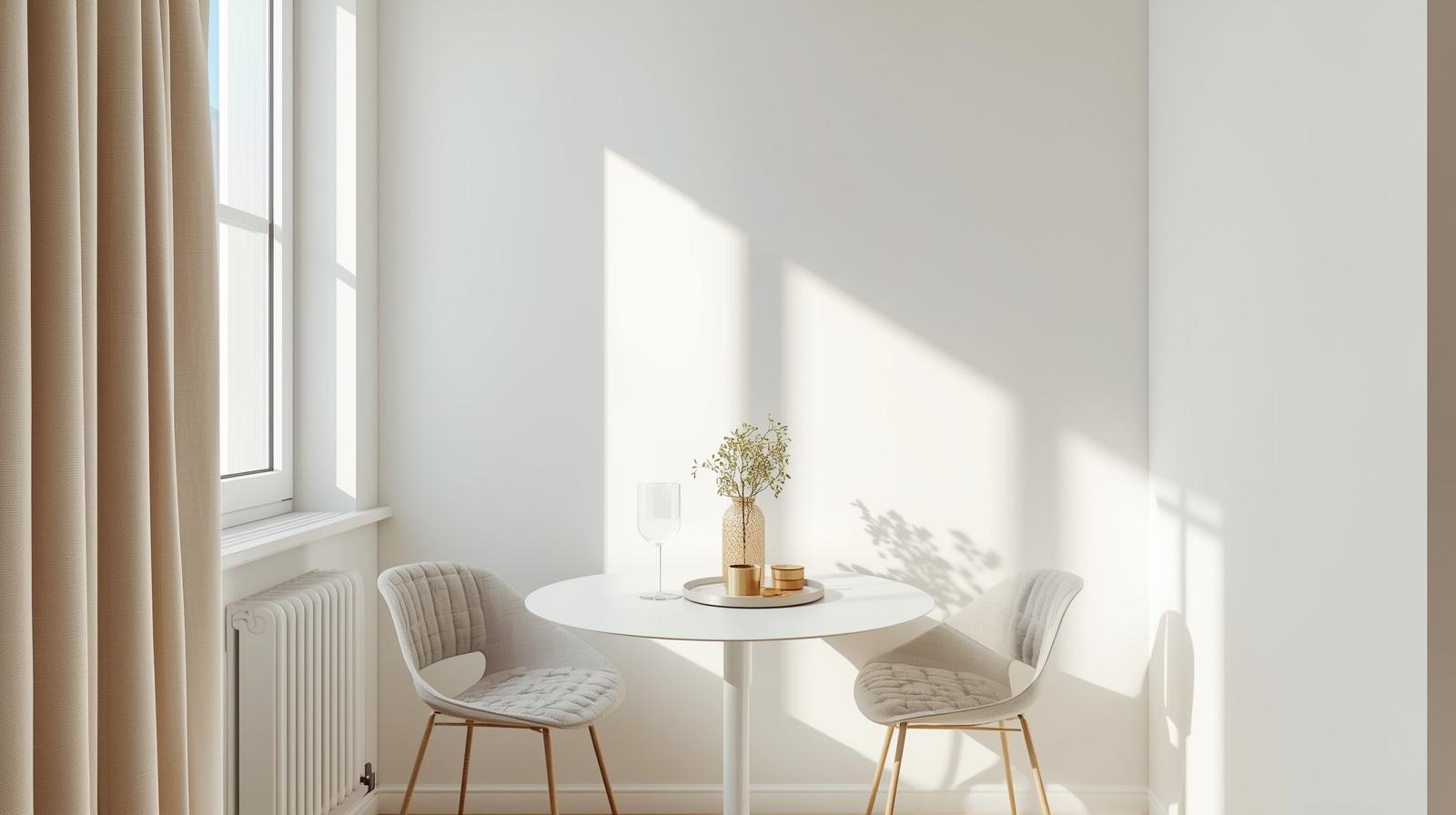 small apartment dining room, compact round dining table, light neutral colors, minimal decor, bright natural light, modern interior, realistic photography